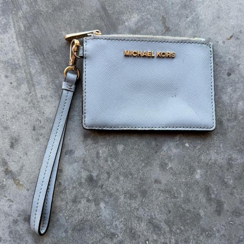 Michael Kors Light Blue Saffiano Leather Wristlet Coin Pouch ID Card Case Small